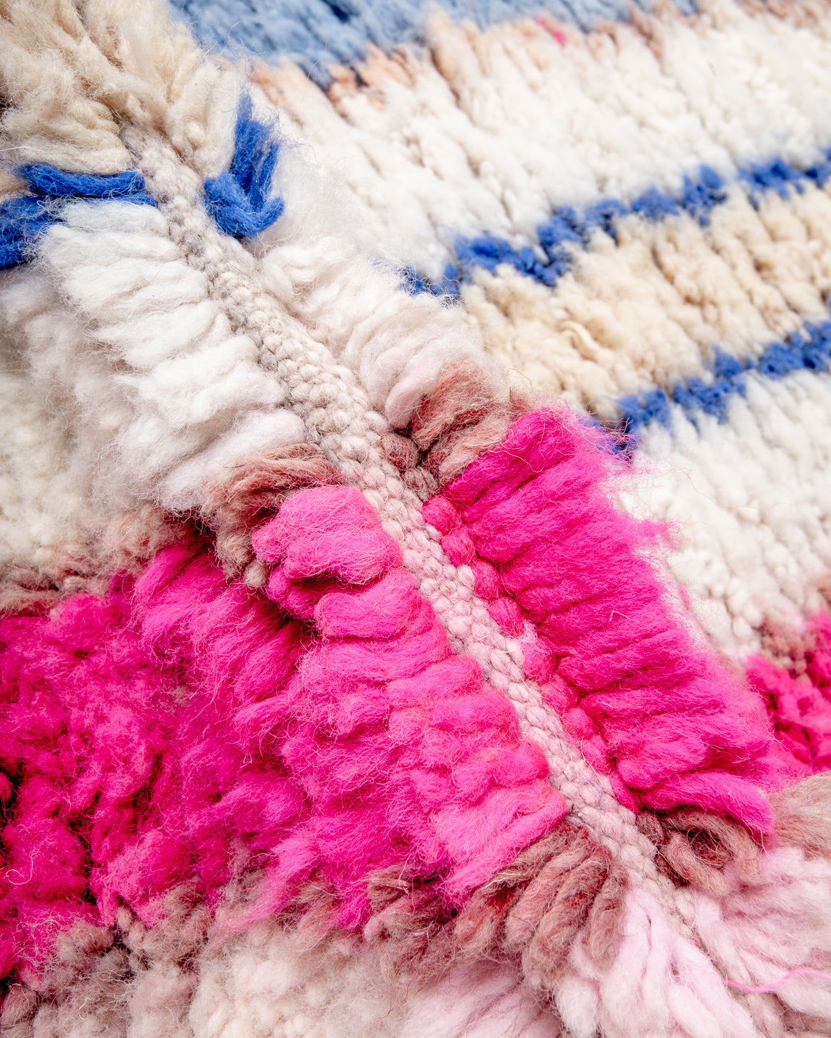 Modern, designer, handcrafted Berber rug from Morocco. Vintage carpet with beautiful colours and patterns and fluffy texture.